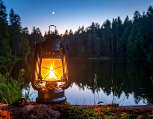 Tranquil lake scene at twilight with a lit lantern