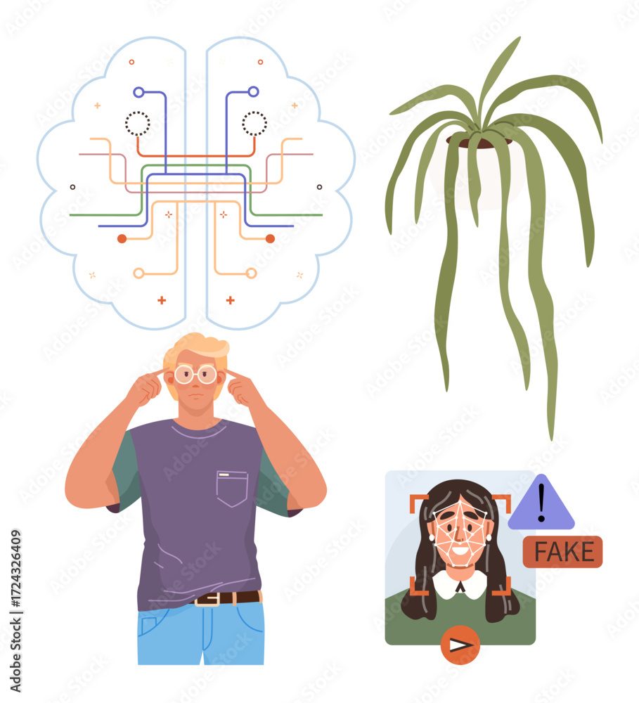 Poster man thinking with futuristic ai connection, plant representation, ai detecting deepfake visuals. ide