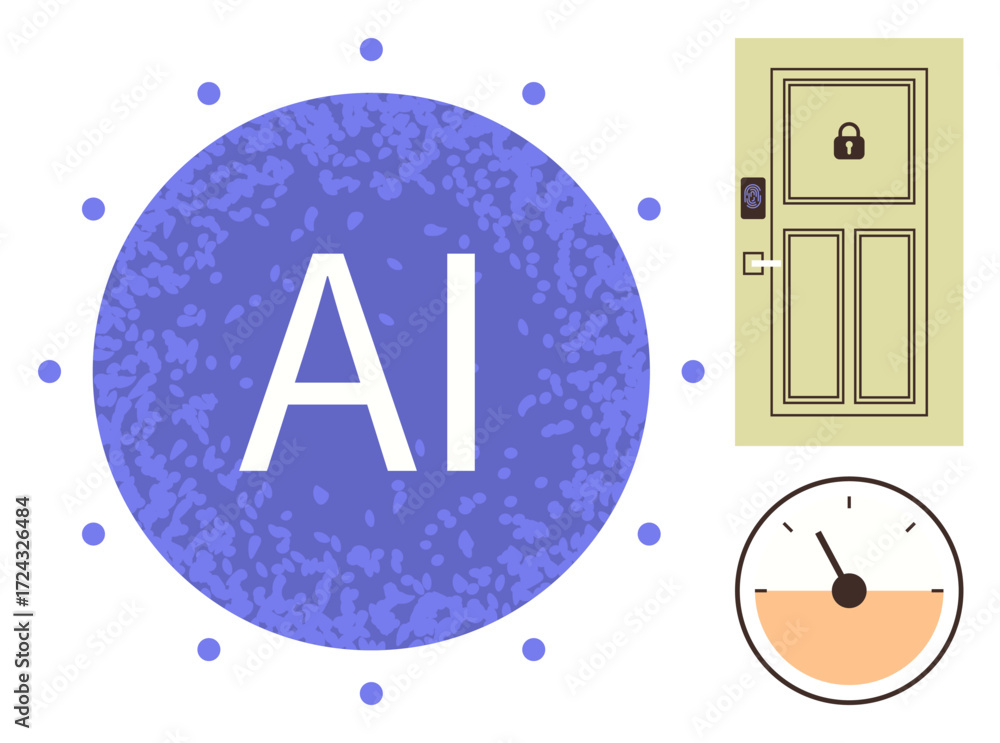 Poster ai central hub linked with concepts of security, progress, and access control including a locked doo
