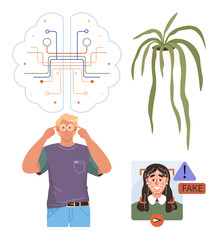 Man thinking with futuristic AI connection, plant representation, AI detecting deepfake visuals. Ideal for technology, ethical AI, creativity, learning, environment, innovation modern challenges