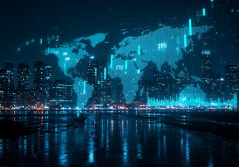 Global financial markets illuminated by digital world map overlay