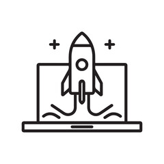 Obraz premium A simple line drawing of a rocket launching from a laptop on white background