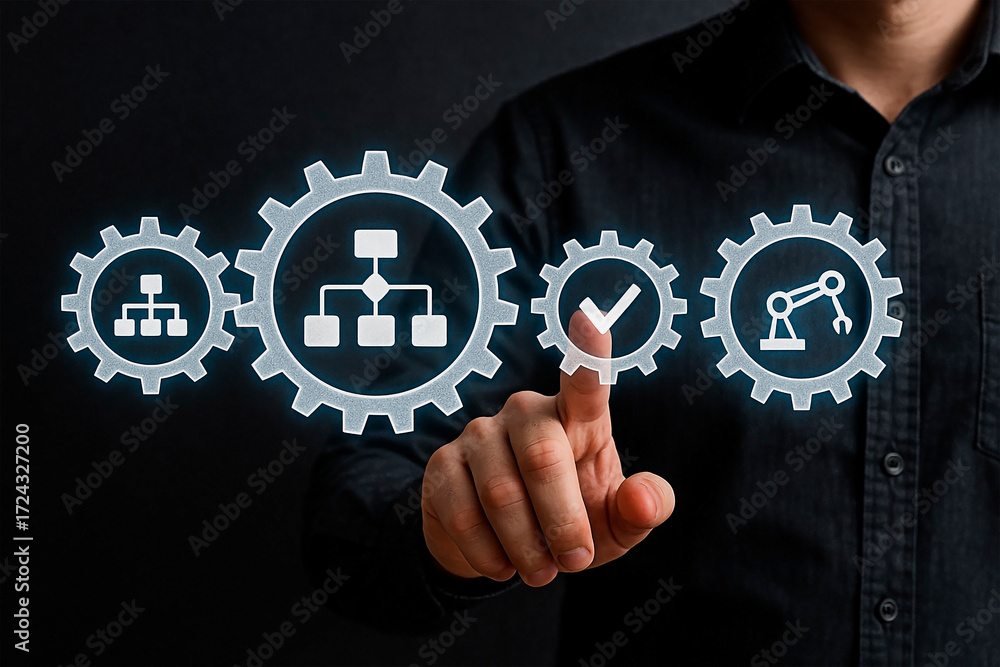 Poster hand pointing at process gear icons symbolizing progress.