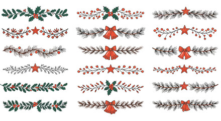 Fototapeta premium Collection of Christmas-themed decorative borders featuring festive elements like stars, bells, and foliage.