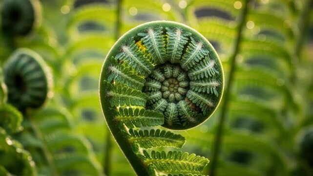 Fern fiddlehead tightly coiled with unfolding fronds soft diffused light on a green background
