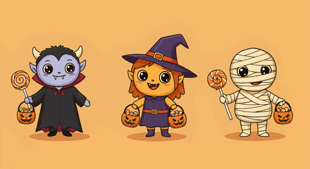 Three adorable Halloween kids dressed as vampire, witch, and mummy, carrying candy and pumpkins.