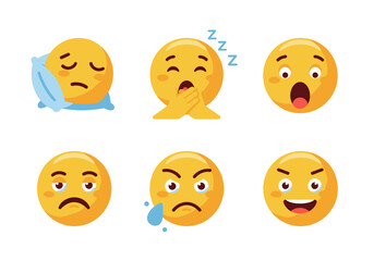 Fototapeta premium Set of Six Yellow Emojis Expressing Different Emotions