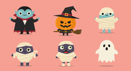 Obraz premium Cute cartoon Halloween characters including a vampire, pumpkin witch, mummies, and a ghost on a pink background.