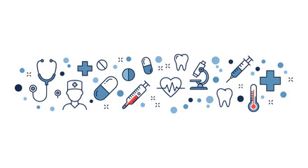 Medical concept banner with various healthcare icons including a stethoscope, syringe, doctor, and pills.