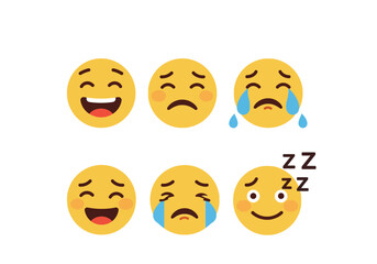 Fototapeta premium Collection of six yellow emoji faces expressing various emotions