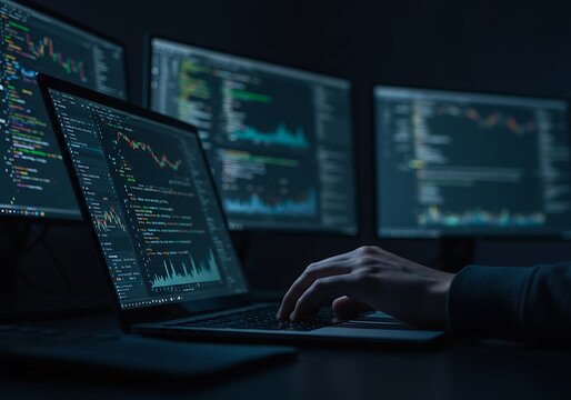 Hacker typing on laptop with multiple glowing monitors displaying code