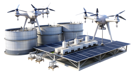 Drones hovering over industrial facility with solar panels and storage tanks cutout png isolated on a transparent background