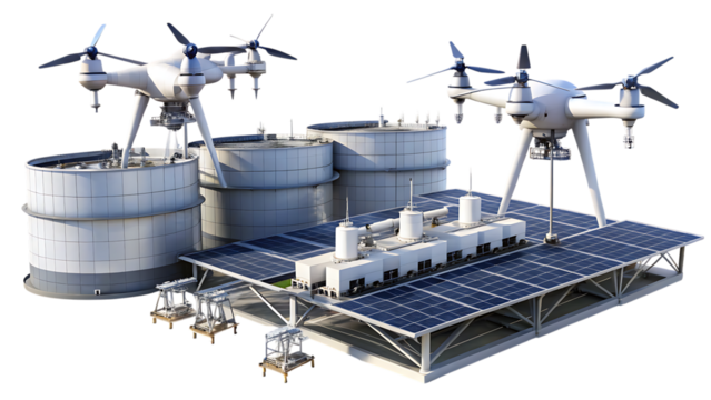Drones hovering over industrial facility with solar panels and storage tanks cutout png isolated on a transparent background