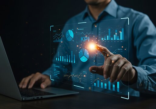 Businessman interacting with futuristic digital data interface