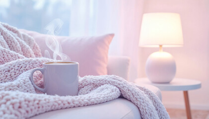 Cozy bedroom scene with a warm cup of coffee on a soft bed featuring white linens, yellow accents, and a touch of greenery in a serene environment