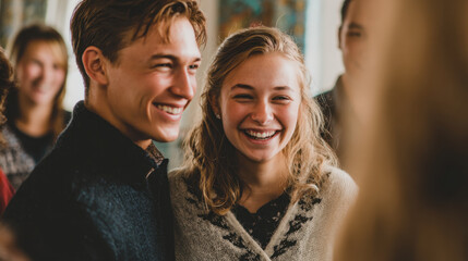 Fototapeta premium Smiling young couple enjoying a social gathering with friends in a bright and lively indoor setting, showcasing joyful expressions and warm interactions.