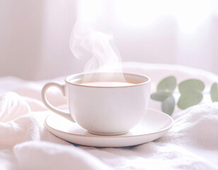 Fototapeta premium A white coffee cup with steam rising from it sits on a saucer on a table. The cup is placed in front of a potted plant, which is also visible through the window. Concept of relaxation and comfort