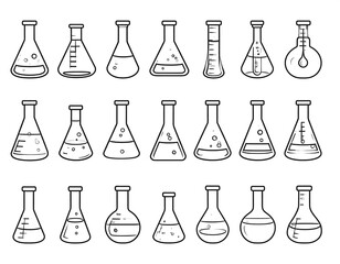 Simple line drawing of various lab glassware