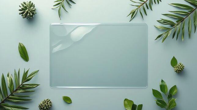 Clear rectangular frame with plants on a blue background