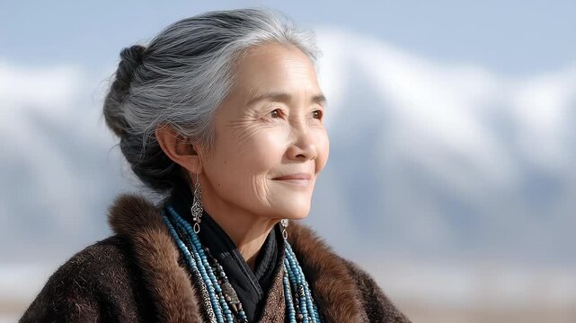 Smiling Tibetan Woman Against Snowy Mountain Backdrop