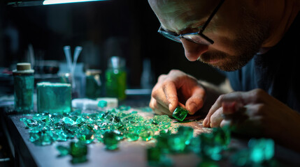 Craftsman focused on shaping green glass gemstones on a workbench surrounded by various tools and scattered glass pieces under soft lighting.