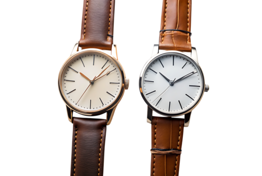 Two minimalist wristwatches with leather straps on cutout png isolated on a transparent background - Powered by Adobe