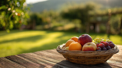 Fresh fruit basket on wooden table outdoors with scenic background, sunlit garden view featuring apples, oranges, grapes, and nature elements enhancing the inviting atmosphere.