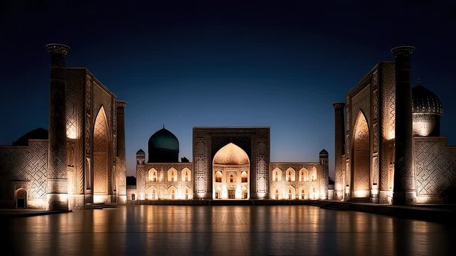 Samarkand Night Scene: Ancient Architectural Complex Shining in the Night