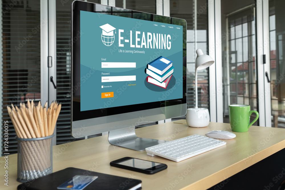 Poster e-learning website with modish sofware for student to study online on the internet network