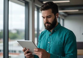 Bearded businessman using a tablet near a large window