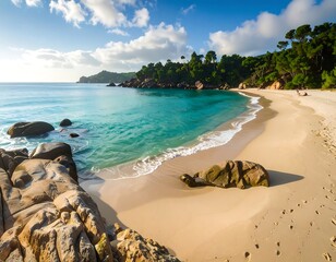Pristine beach at dawn. Turquoise water laps gently onto a pristine sandy shore, bordered by large rocks. Lush greenery lines the shoreline. A few clouds dot a cerulean sky