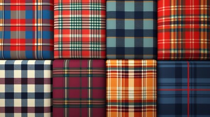 Eight different plaid patterns arranged in a 2x4 grid