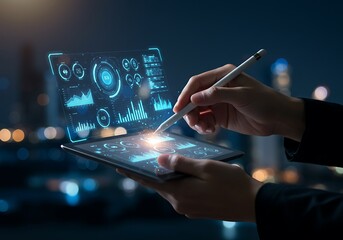 Person interacting with futuristic holographic data display