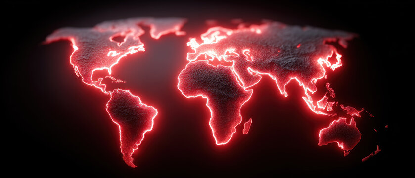 Glowing red world map symbolizes global threat connected to cyber security and geopolitics. dark background highlights urgent danger and international conflict