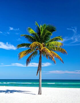 Single palm tree on pristine beach, vibrant blue sky