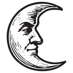 Mystical Crescent Moon Face Vintage Engraving, Cosmic Spirituality Symbol, Esoteric Astrology Art
