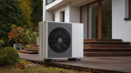 Efficient home heat pump beside a wall, minimal exterior scene with open copy space.