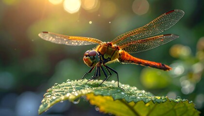 Vibrant dragonfly resting on a dewy leaf bathed in sunlight