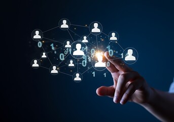 Hand interacting with a digital network of people and data