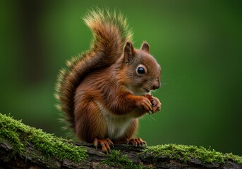 Red Squirrel Eating Nut on Mossy Branch
