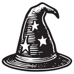 Magical Wizard Hat with Stars, Occult Symbol, Vintage Witchcraft & Fantasy Art Illustration