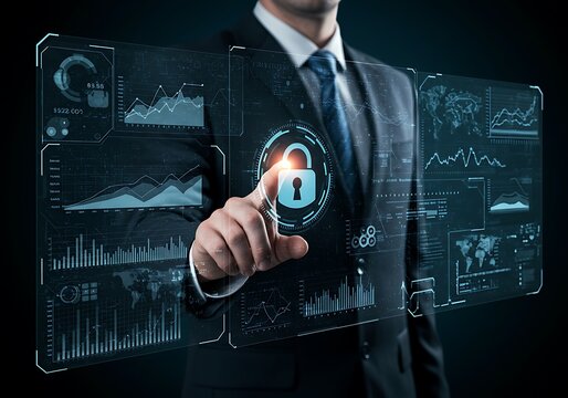 Businessman interacting with futuristic digital security interface - Powered by Adobe
