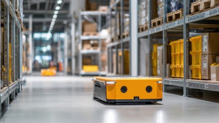 An autonomous mobile robot carries totes down a clean warehouse aisle, minimal industrial scene.