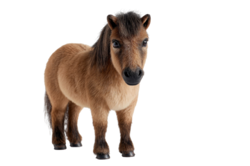 A cute brown pony stands against a transparent background, looking directly at the camera. background removed