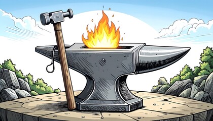 An anvil with a hammer and fire