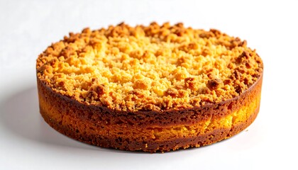 Round crumb cake on white surface