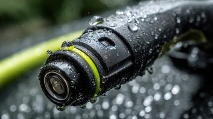 Waterproof EV charge point detail with beads of water, moody city backdrop.