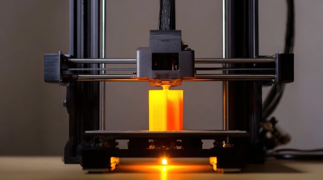 A desktop 3D printer lays down filament layers, molten nozzle glow in a neutral studio.