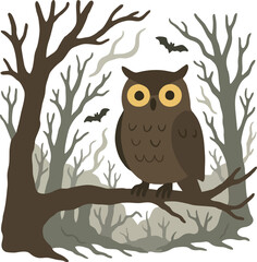 Owl sitting on tree branch in spooky forest  vector ilustration isolatated on transparent background