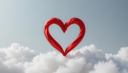 A vibrant scarlet silk ribbon forms a heart, seemingly floating on a pure white expanse.
